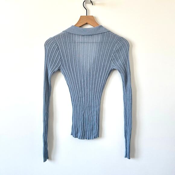 Zara Dusty Blue Ribbed V-Neck Polo Shirt Fitted Long Sleeve Top Size S - Picture 3 of 7